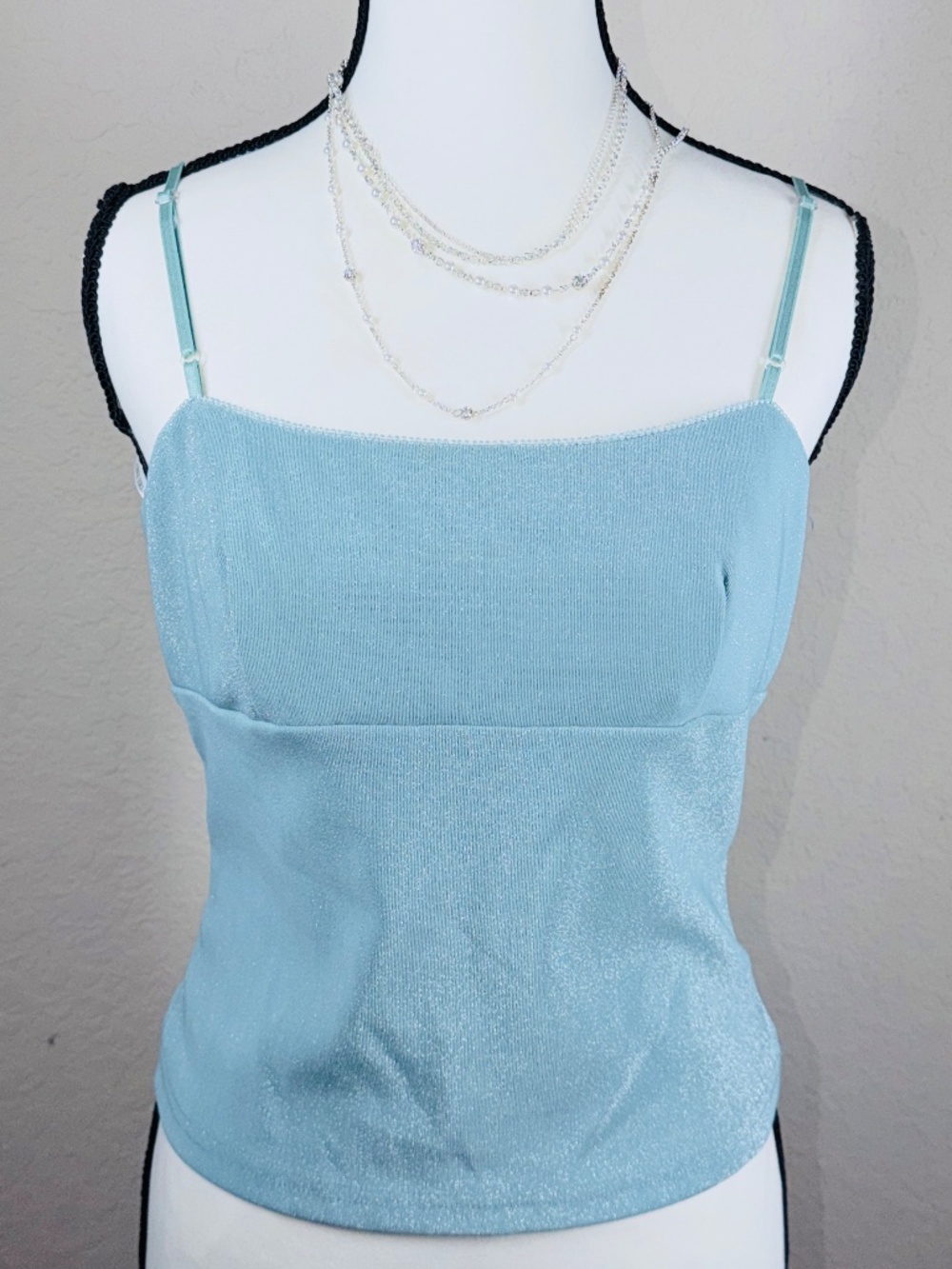 Vintage Metallic Blue Cami Top 90s  Square Neck Sparkle City Triangles Y2K USA 9